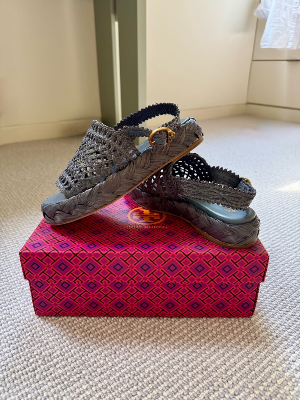 Tory Burch Raffia Flatform Espadrille/Sandals in Southern Blue